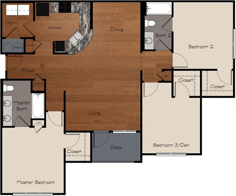 Floor plan for 3 beds, 2 baths, 1405 sqft